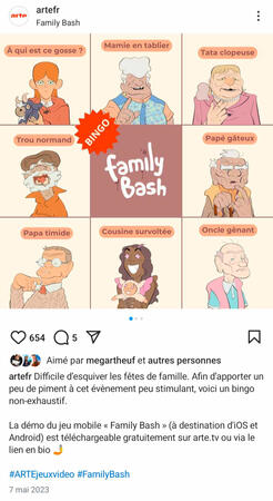 Création d’un post Insta “bingo”, du wording au visuel, pour promouvoir la sortie du jeu mobile “Family Bash” coproduit et édité par ARTE France