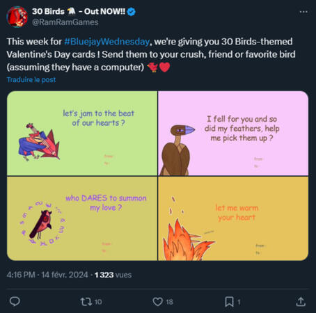 Confection de cartes de St Valentin spéciales 30 Birds pour surfer sur l’actualité du 14 février avec humour