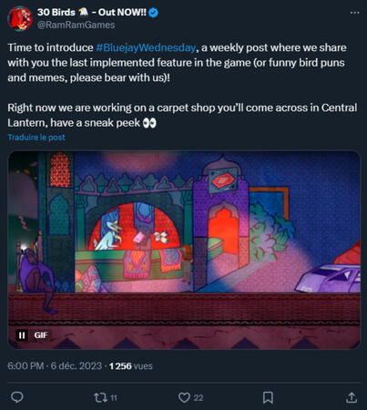Création d’un format hebdomadaire de post (#BluejayWednesday) pour le jeu 30 Birds avec des posts mêlant assets “behind the scenes” et inspirations artistiques.