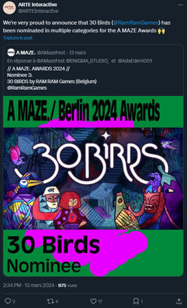 Tweet d’annonce de sélection en festival d’un jeu édité par ARTE